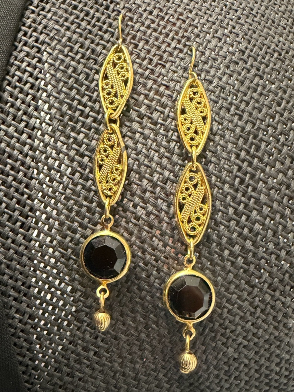 Vintage 1928 Gold Filigree Drop Earrings with Black Stone
